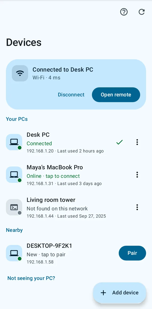 Telepad's Devices screen: connected to Desk PC over Wi‑Fi, 4 milliseconds.