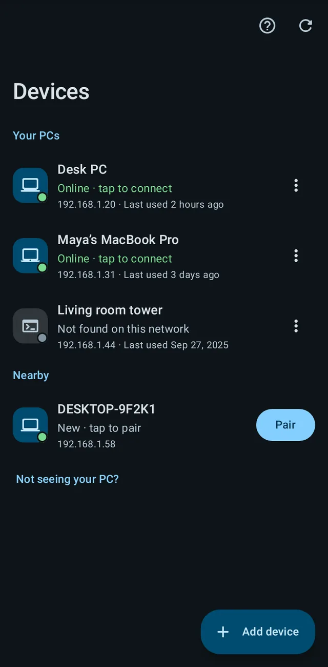 The device list in dark mode.