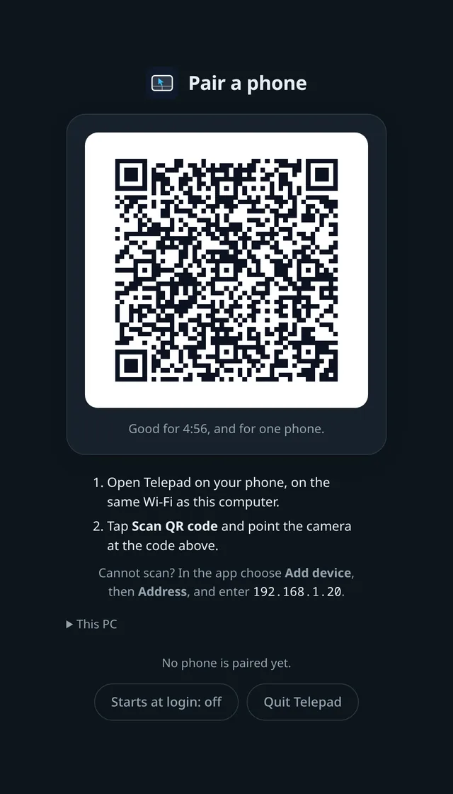 Telepad’s page on the PC: the title Pair a phone, a QR code and the steps to scan it.