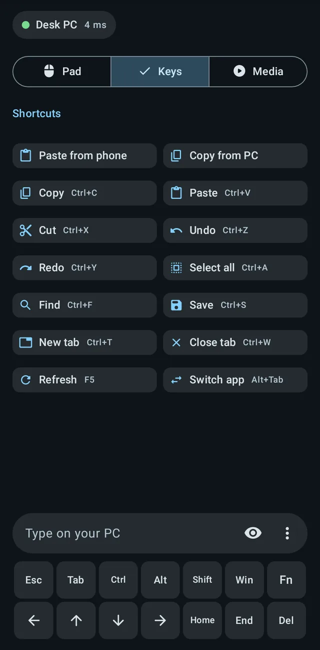 The Keys tab in dark mode: a text field, special keys and shortcuts such as Copy, Paste and Undo.