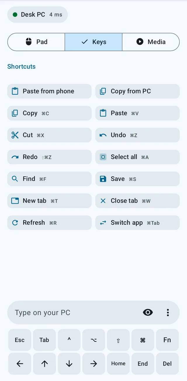 The Keys tab for a Mac: modifier keys shown as ⌃ ⌥ ⇧ ⌘, and shortcuts such as Copy ⌘C.