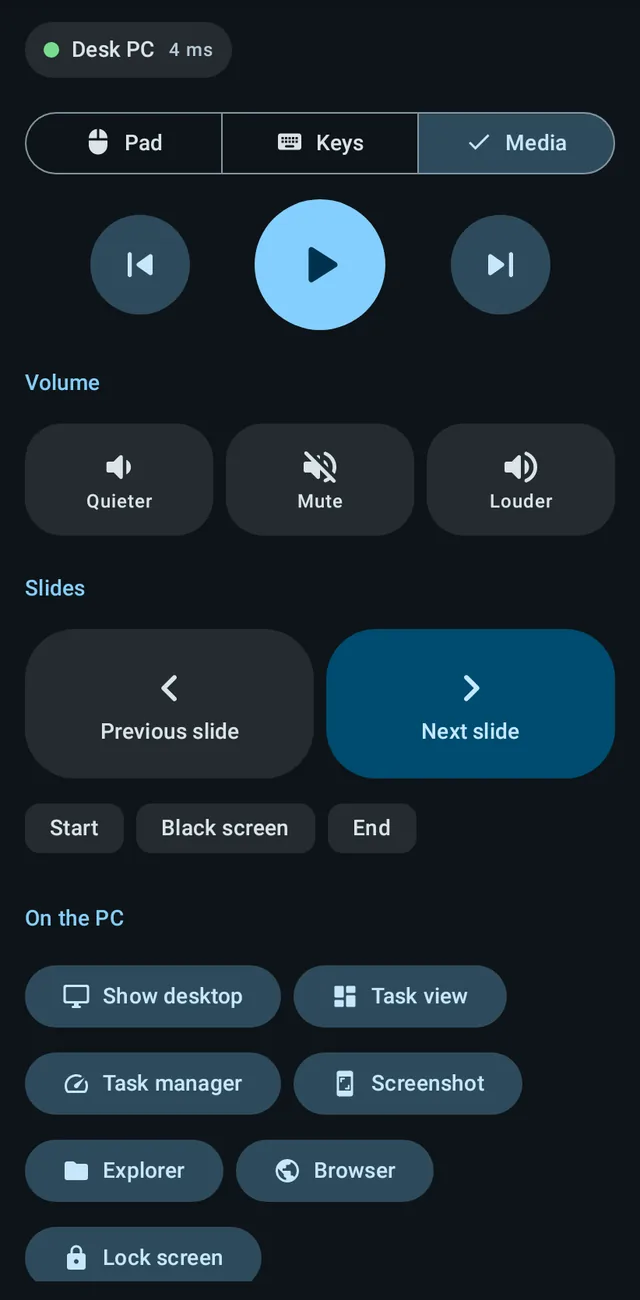 The Media tab in dark mode.