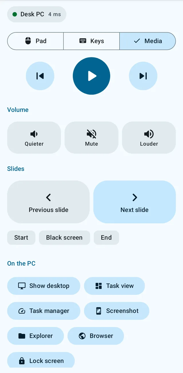 The Media tab: play and skip buttons, volume, slide controls and PC actions.