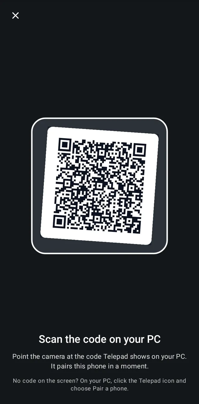 The phone’s scanner with the PC’s QR code inside the frame.
