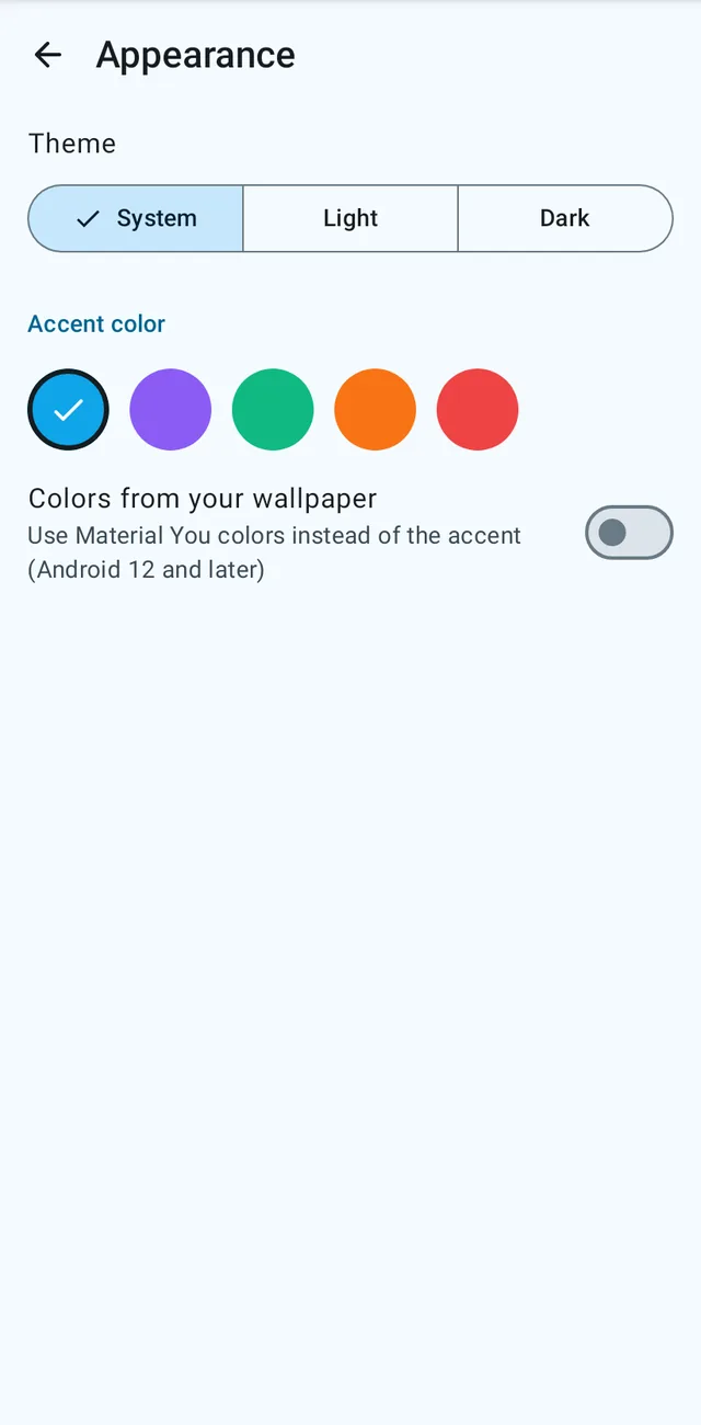 Appearance settings: theme and accent color.