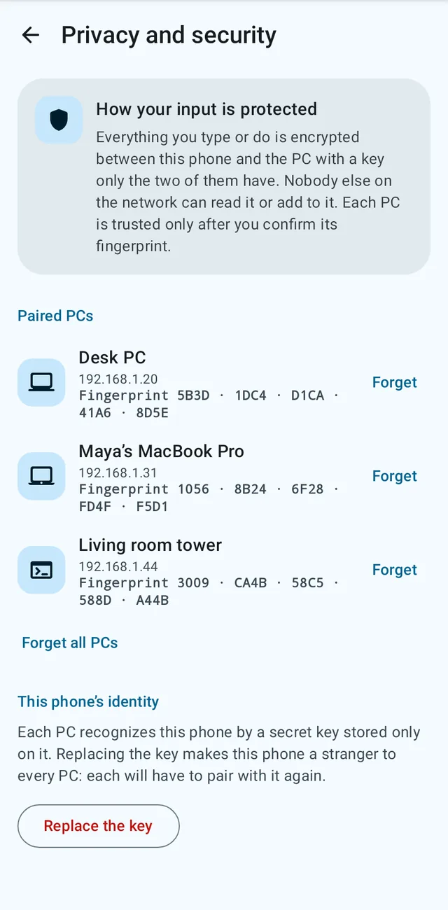 Privacy and security settings listing paired PCs and their fingerprints.